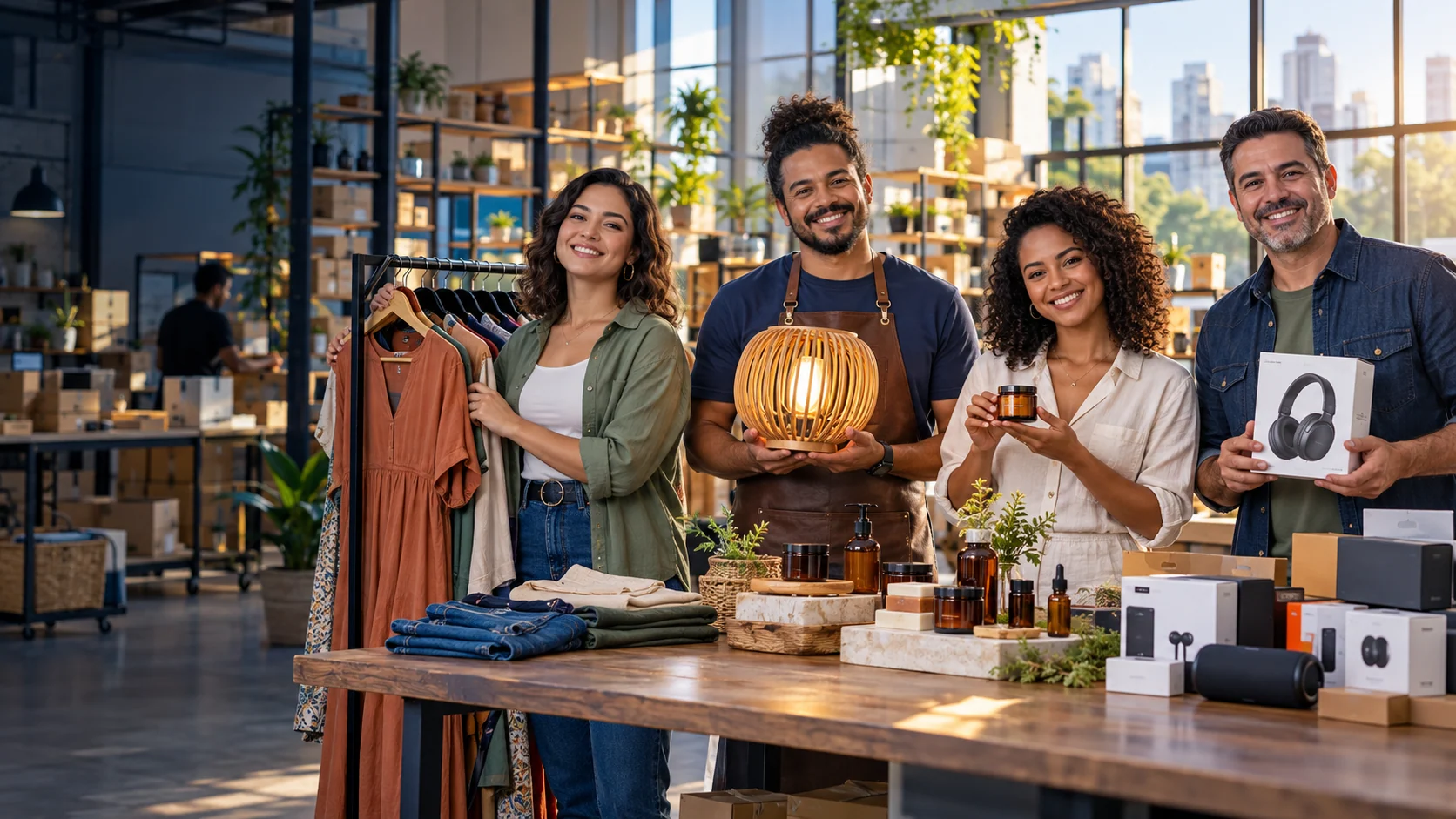 Empreendedores apresentando produtos de diferentes categorias